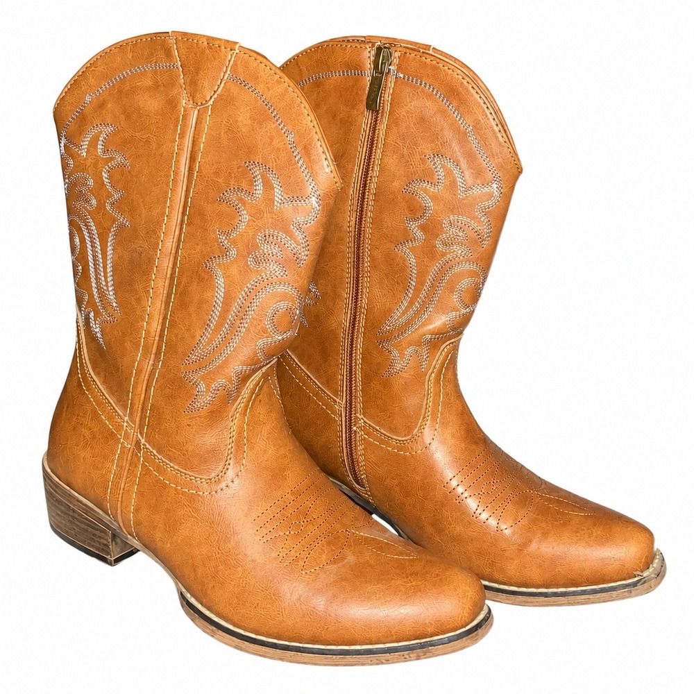 Jeossy Milan Cowboy Boots Women Size 9.5 Tan Embroidered Side Zip Western Rodeo